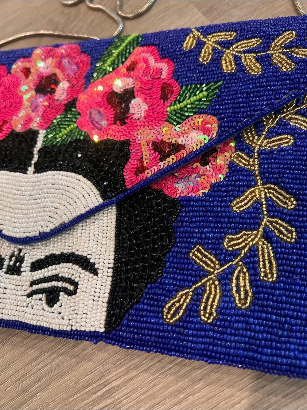 Beaded Floral Face Motif Clutch - Blue & Pink